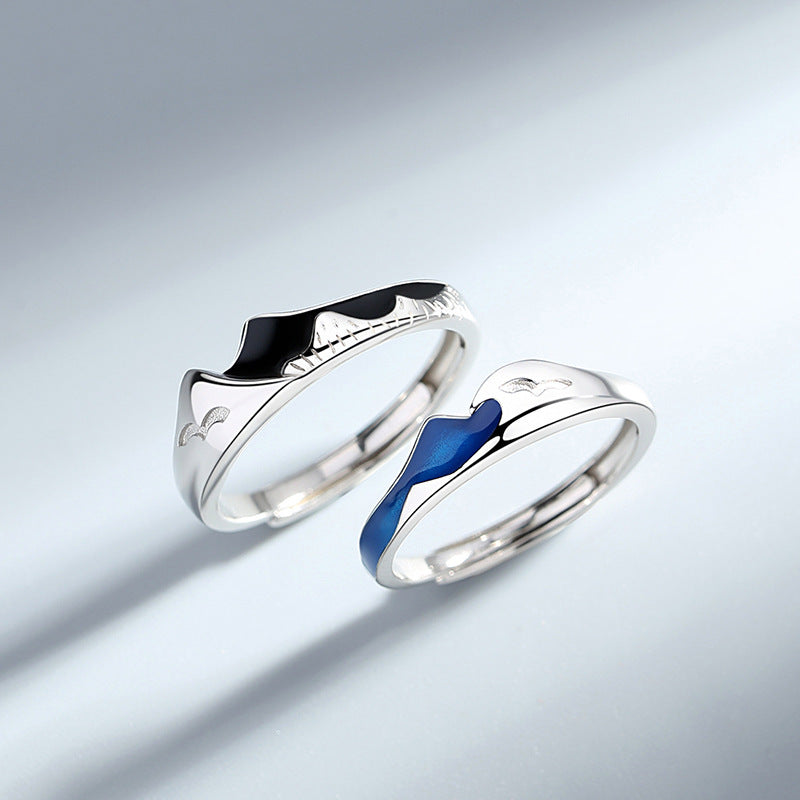Mountain Couple Adjustable Rings - Sterling Silver 952 - Black and Blue